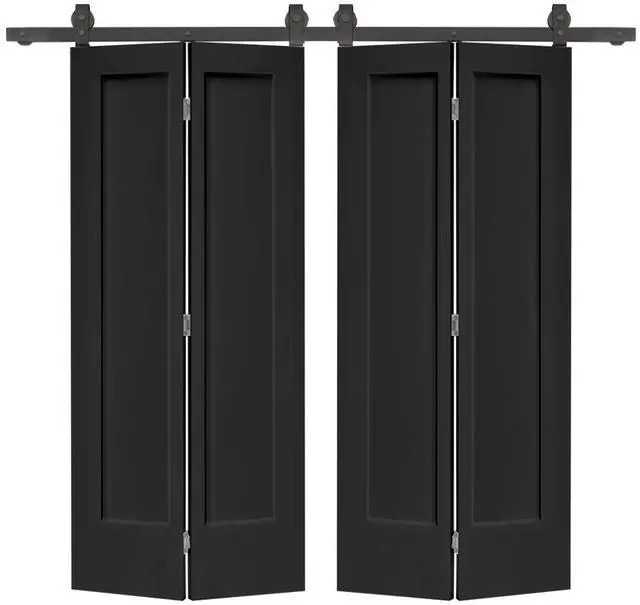 Main image of 48 in. x 80 in. 1 Panel Shaker Black Painted MDF Composite Double Bi-Fold Barn Door with Sliding Hardware Kit