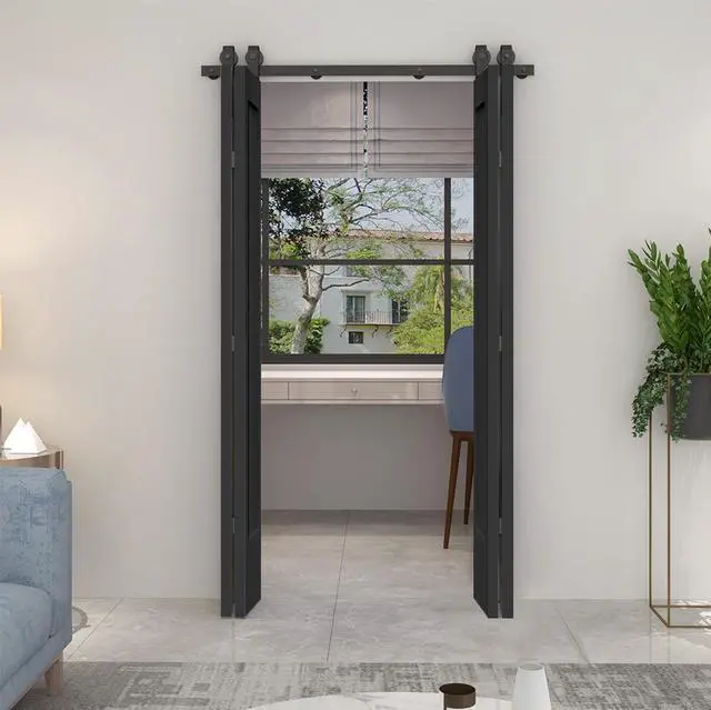 Alt view image 3 of 6 - 48 in. x 80 in. 1 Panel Shaker Black Painted MDF Composite Double Bi-Fold Barn Door with Sliding Hardware Kit