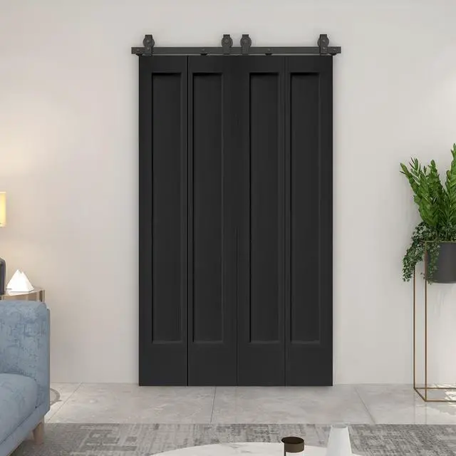 Alt view image 5 of 6 - 48 in. x 80 in. 1 Panel Shaker Black Painted MDF Composite Double Bi-Fold Barn Door with Sliding Hardware Kit