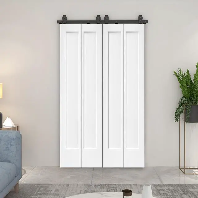 Alt view image 2 of 6 - 60 in. x 80 in. 1 Panel Shaker Primed MDF Composite Double Bi-Fold Barn Door with Sliding Hardware Kit