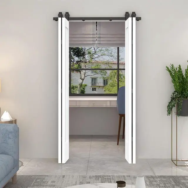 Alt view image 4 of 6 - 60 in. x 80 in. 1 Panel Shaker Primed MDF Composite Double Bi-Fold Barn Door with Sliding Hardware Kit