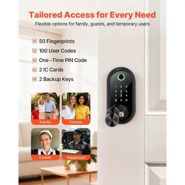 Alt view image 5 of 7 - Fingerprint Door Lock, Electronic Biometric Deadbolt with Touchscreen, Auto Locking, One-Time Code, Anti-Peeking Password, Keyless Entry Door Lock with IC Cards, for Home, Apartment, Matte Black