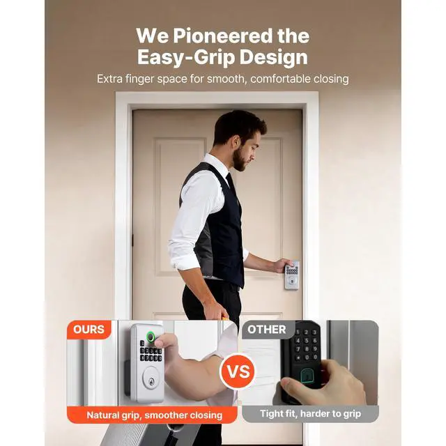 Alt view image 7 of 7 - Fingerprint Door Lock, Electronic Biometric Deadbolt with Pioneering Easy-Grip Design, Auto Locking, One-Time Code, Anti-Peeking Password, Keyless Entry Door Lock for Home, Apartment, Silver