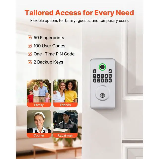 Alt view image 5 of 7 - Fingerprint Door Lock, Electronic Biometric Deadbolt with Pioneering Easy-Grip Design, Auto Locking, One-Time Code, Anti-Peeking Password, Keyless Entry Door Lock for Home, Apartment, Silver