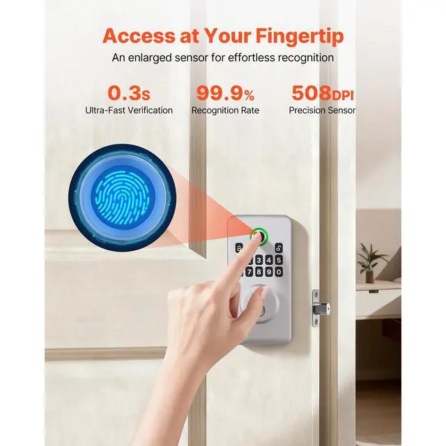 Alt view image 6 of 7 - Fingerprint Door Lock, Electronic Biometric Deadbolt with Pioneering Easy-Grip Design, Auto Locking, One-Time Code, Anti-Peeking Password, Keyless Entry Door Lock for Home, Apartment, Silver