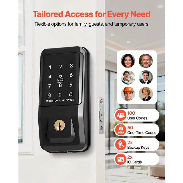 Alt view image 5 of 7 - Keyless Entry Door Lock, Touchpad Electronic Deadbolt with IC Card, Customizable User Codes, Keyed Entry, Auto Lock, Anti-Peeking Password, Backlit, Easy Installation, for Home, Matte Black