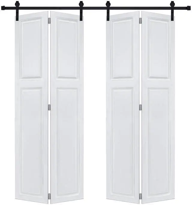 Main image of Dual CNC crafted bi-fold door 3/4" thick 24 in. x 80 in. MDF White Barn Sliding Door With Hardware kit