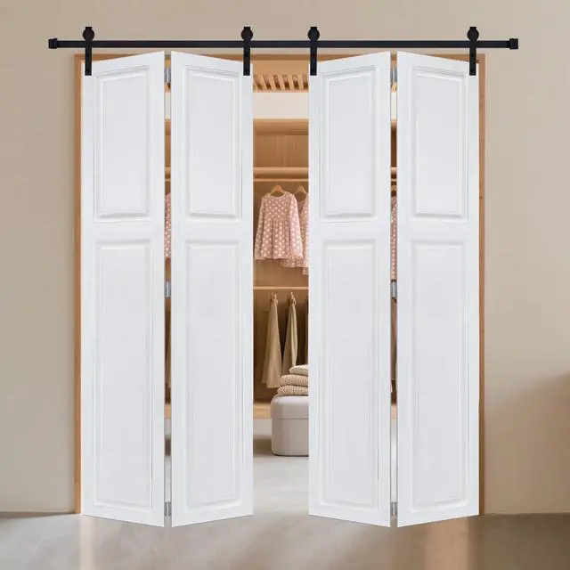 Alt view image 3 of 5 - Dual CNC crafted bi-fold door 3/4" thick 24 in. x 80 in. MDF White Barn Sliding Door With Hardware kit