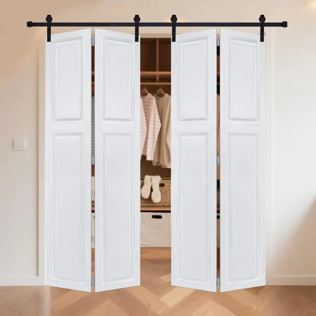Alt view image 4 of 5 - Dual CNC crafted bi-fold door 3/4" thick 24 in. x 80 in. MDF White Barn Sliding Door With Hardware kit