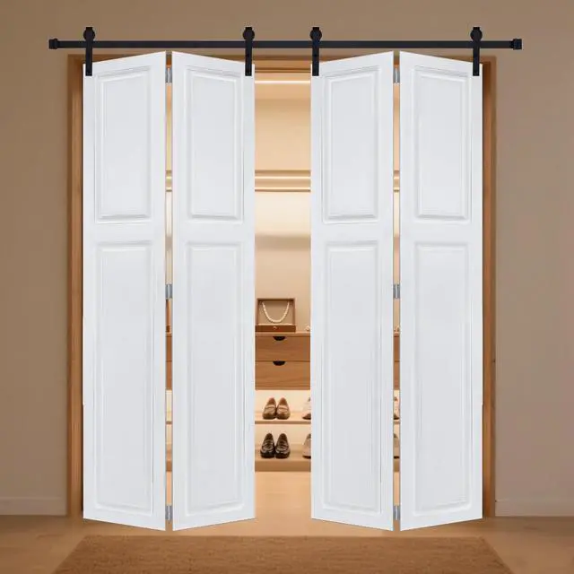 Alt view image 5 of 5 - Dual CNC crafted bi-fold door 3/4" thick 24 in. x 80 in. MDF White Barn Sliding Door With Hardware kit