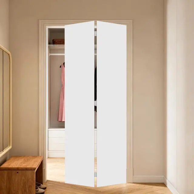 Alt view image 3 of 5 - Dual 2Panel Cottagestyle door 3/4" thick 60 in. x 84 in. Solid Core White Finished Vinyl bi-fold door With Hardware kit