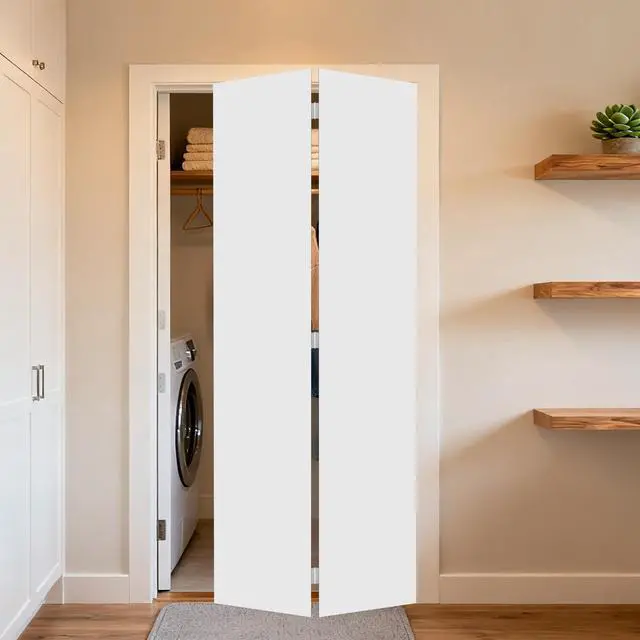 Alt view image 4 of 5 - Dual 2Panel Cottagestyle door 3/4" thick 60 in. x 84 in. Solid Core White Finished Vinyl bi-fold door With Hardware kit