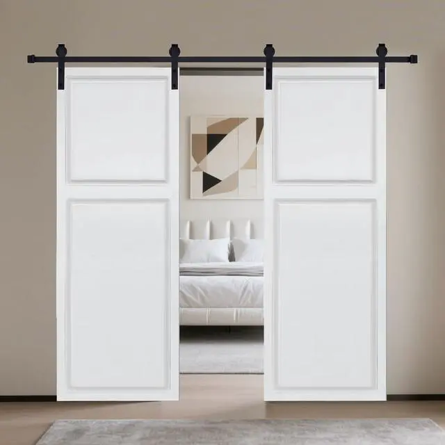 Alt view image 4 of 6 - Dual 2-Panel Cottage style door 3/4 thick 48 in. x 84 in. MDF White Barn Sliding Door With Hardware kit
