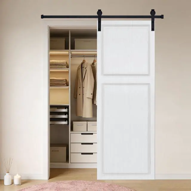 Alt view image 3 of 5 - Modern 2 panel 22 in. x 84 in. MDF white walnut Barn Sliding Door With Hardware kit