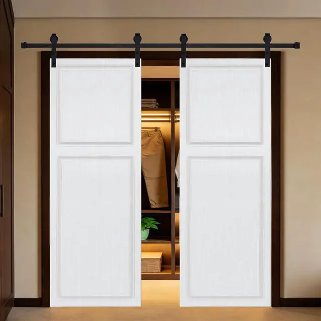 Alt view image 5 of 5 - Double Modern 2 panel 56 in. x 84 in. MDF white walnut Barn Sliding Door With Hardware kit