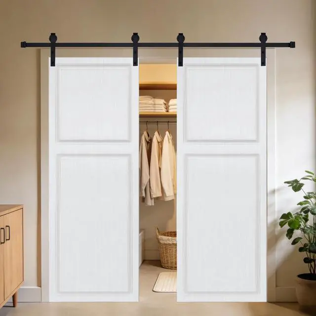 Alt view image 3 of 5 - Double Modern 2 panel 56 in. x 84 in. MDF white walnut Barn Sliding Door With Hardware kit