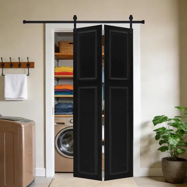 Alt view image 4 of 5 - 2-panel bi-fold 80 in.X64 in. MDF black walnut Barn Sliding Door With Hardware kit