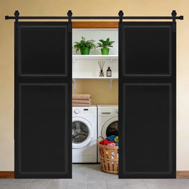 Alt view image 3 of 5 - Double Modern 2 panel 84 in.X56 in. MDF black walnut Barn Sliding Door With Hardware kit