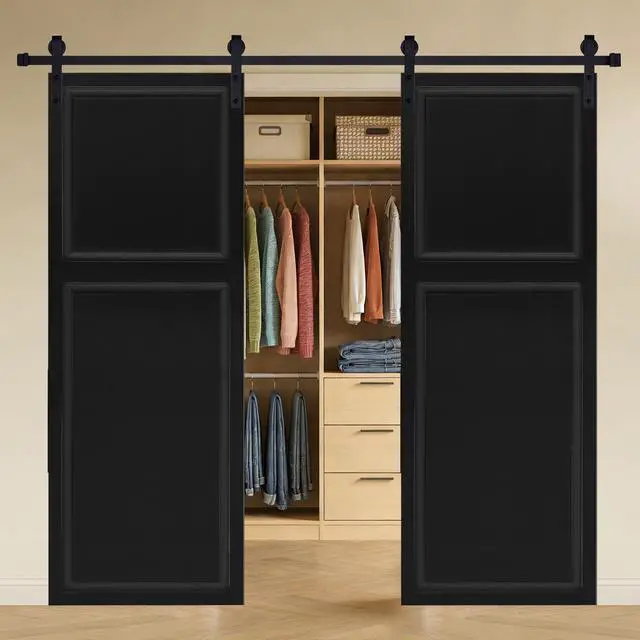 Alt view image 2 of 5 - Double Modern 2 panel 84 in.X56 in. MDF black walnut Barn Sliding Door With Hardware kit