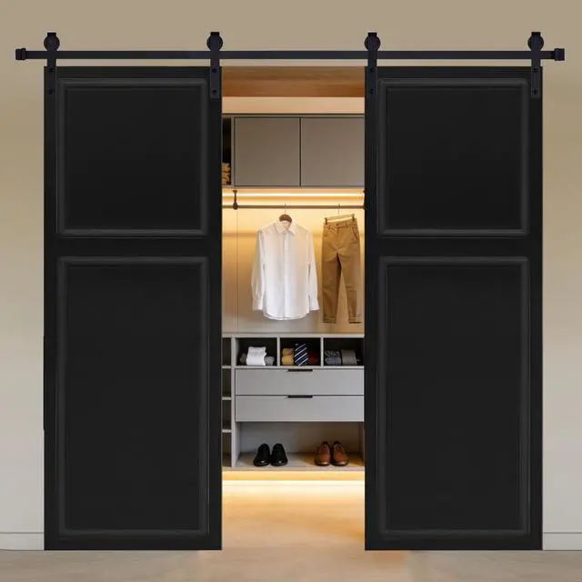 Alt view image 5 of 5 - Double Modern 2 panel 84 in.X56 in. MDF black walnut Barn Sliding Door With Hardware kit