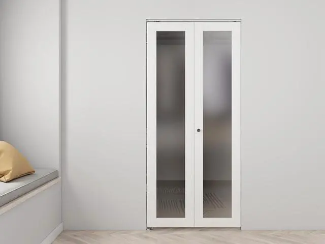 Alt view image 7 of 7 - 30 in. x 80 in. Full Lite Frosted Glass White MDF Bi-Fold Door with Hardware Kit and Door Handle