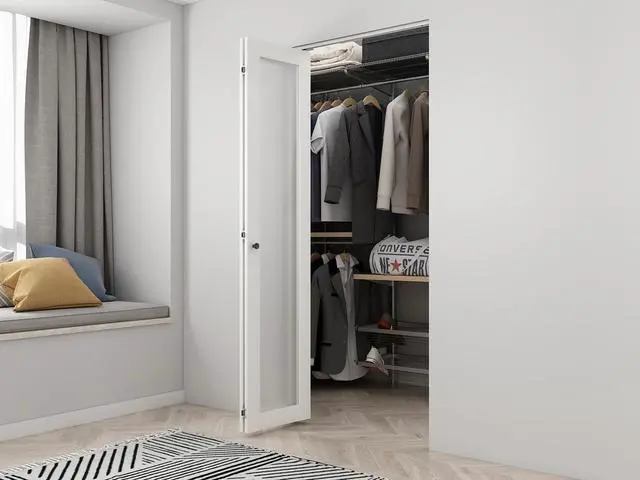 Alt view image 2 of 7 - 30 in. x 80 in. Full Lite Frosted Glass White MDF Bi-Fold Door with Hardware Kit and Door Handle