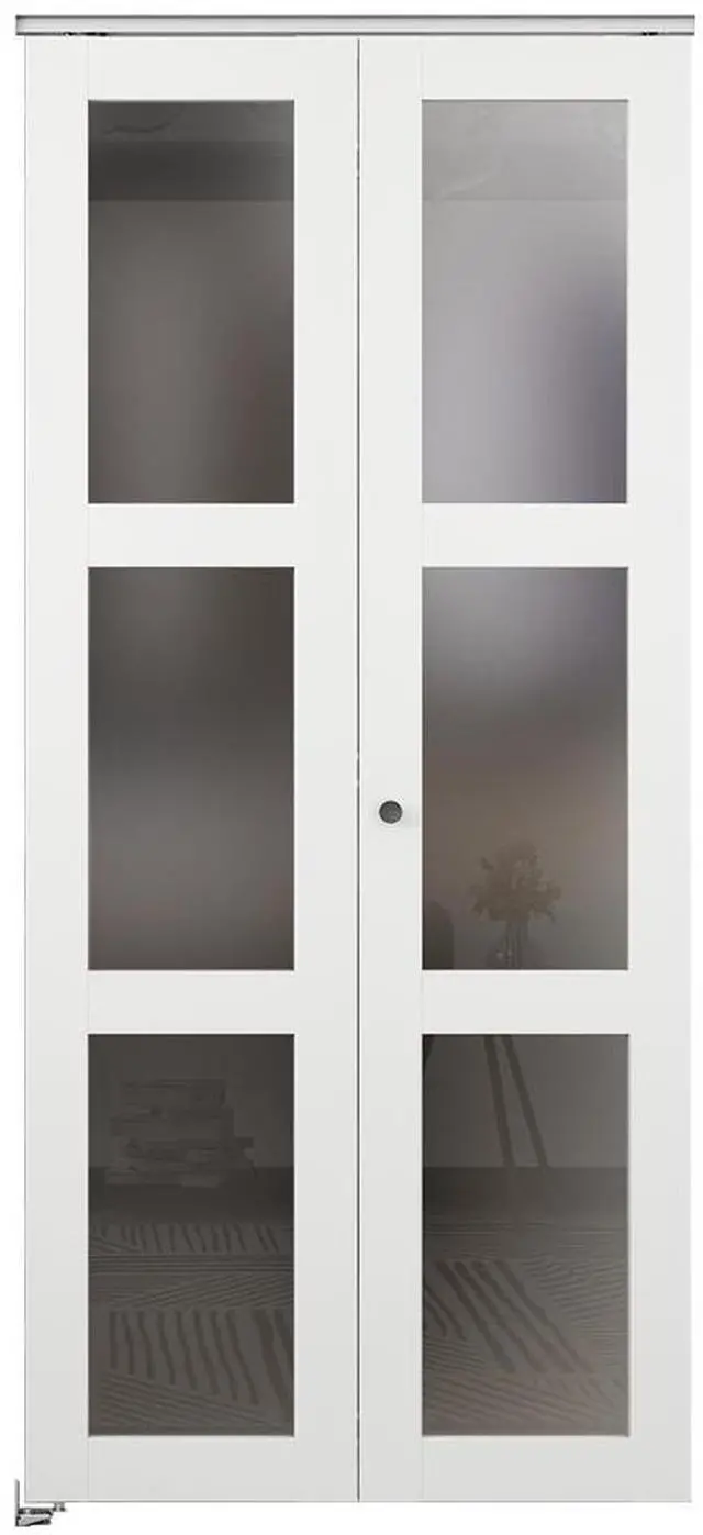 Main image of 24 in. x 80 in. 3 Lite Frosted Glass Solid Core White Composite Bi-Fold Door with Hardware Kit and Door Handle