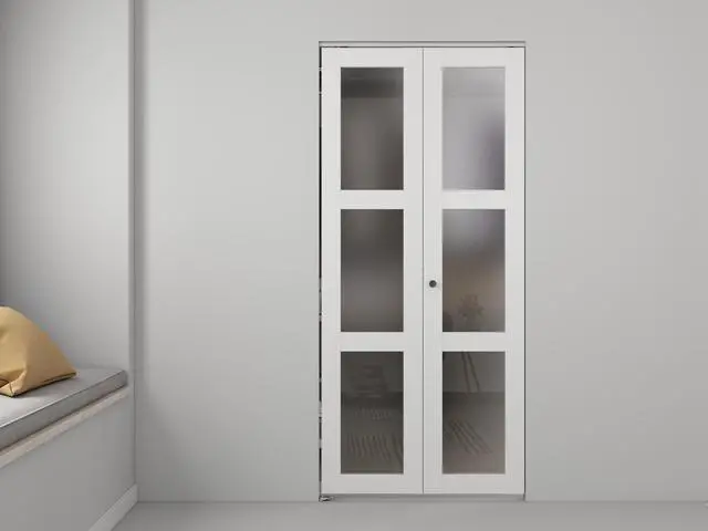 Alt view image 4 of 6 - 24 in. x 80 in. 3 Lite Frosted Glass Solid Core White Composite Bi-Fold Door with Hardware Kit and Door Handle