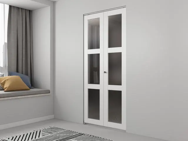 Alt view image 5 of 6 - 24 in. x 80 in. 3 Lite Frosted Glass Solid Core White Composite Bi-Fold Door with Hardware Kit and Door Handle