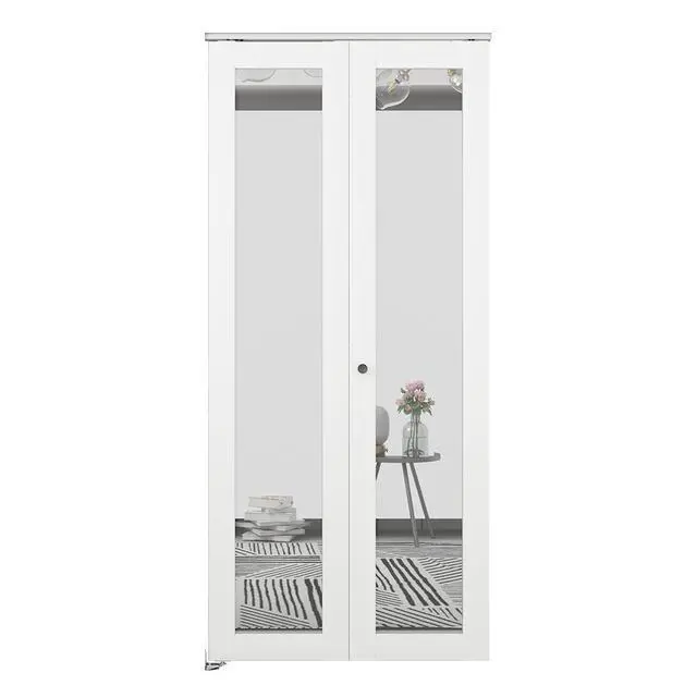 Main image of 30 in. x 80 in. Mirrored Glass Solid Core White Composite Bi-fold Door with Hardware Kit and Door Handle