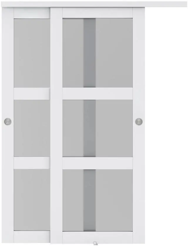 Main image of 72 in. x 80 in. 3-Lite Frosted Tempered Glass Sliding Double Bypass Closet Doors with Installation Hardware Kit