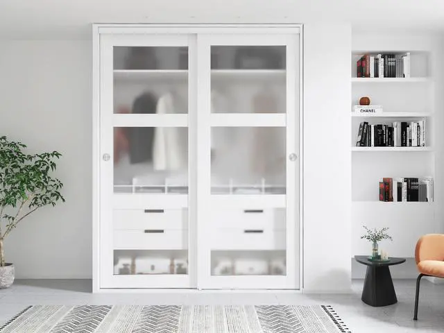 Alt view image 2 of 7 - 72 in. x 80 in. 3-Lite Frosted Tempered Glass Sliding Double Bypass Closet Doors with Installation Hardware Kit