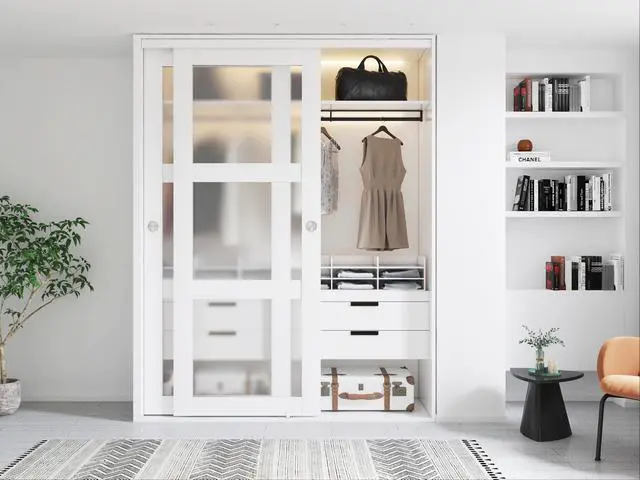 Alt view image 3 of 7 - 72 in. x 80 in. 3-Lite Frosted Tempered Glass Sliding Double Bypass Closet Doors with Installation Hardware Kit