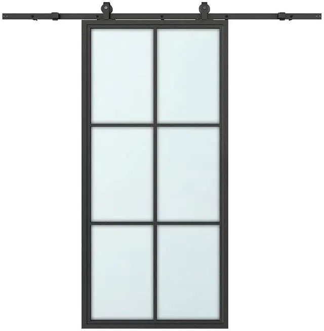 Main image of 36 in. x 84 in. 6-Lite Frosted Glass Black Aluminum Assembly Requied Interior Sliding Barn Door with Hardware Kit