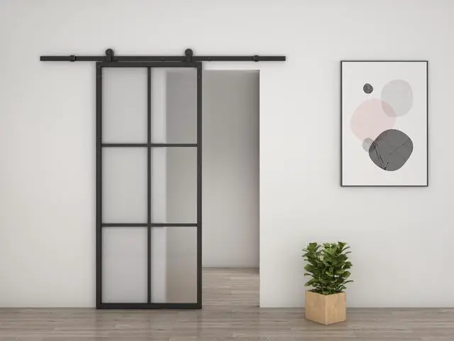 Alt view image 4 of 5 - 36 in. x 84 in. 6-Lite Frosted Glass Black Aluminum Assembly Requied Interior Sliding Barn Door with Hardware Kit