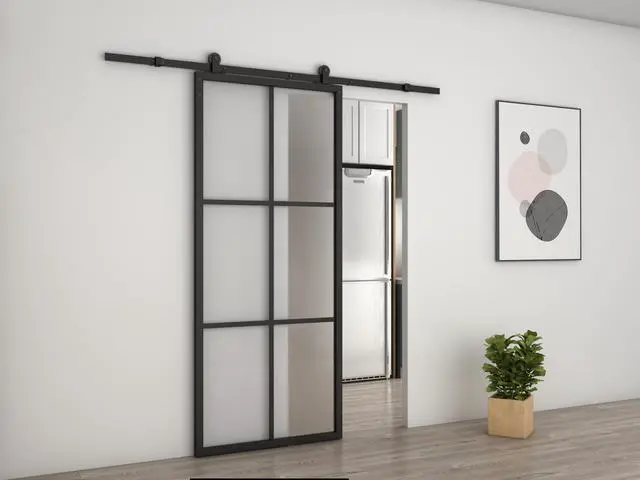 Alt view image 3 of 5 - 36 in. x 84 in. 6-Lite Frosted Glass Black Aluminum Assembly Requied Interior Sliding Barn Door with Hardware Kit