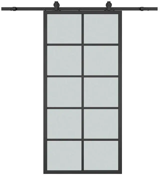 Main image of 36 in. x 84 in. 10-Lite Frosted Glass Black Aluminum Assembly Requied Interior Sliding Barn Door with Hardware Kit