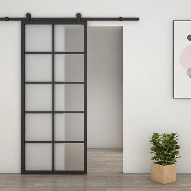 Alt view image 3 of 5 - 36 in. x 84 in. 10-Lite Frosted Glass Black Aluminum Assembly Requied Interior Sliding Barn Door with Hardware Kit