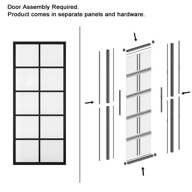 Alt view image 4 of 5 - 36 in. x 84 in. 10-Lite Frosted Glass Black Aluminum Assembly Requied Interior Sliding Barn Door with Hardware Kit