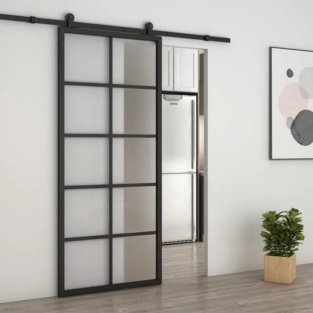 Alt view image 5 of 5 - 36 in. x 84 in. 10-Lite Frosted Glass Black Aluminum Assembly Requied Interior Sliding Barn Door with Hardware Kit