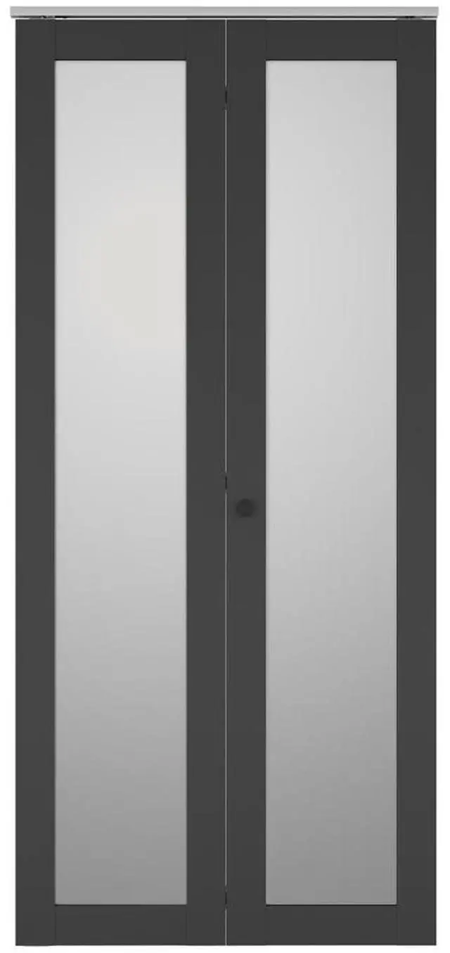 Main image of 36 in. x 80 in. Full Lite Frosted Glass Black MDF Bi-Fold Door with Hardware Kit and Door Handle