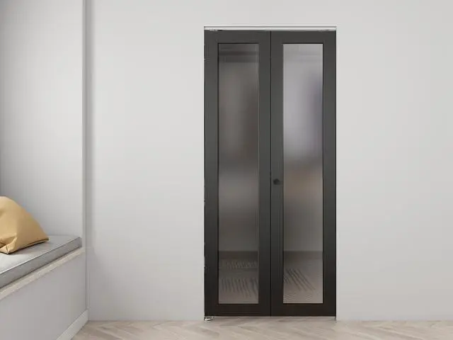 Alt view image 5 of 7 - 36 in. x 80 in. Full Lite Frosted Glass Black MDF Bi-Fold Door with Hardware Kit and Door Handle