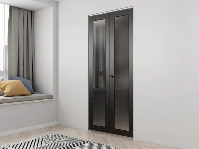 Alt view image 6 of 7 - 36 in. x 80 in. Full Lite Frosted Glass Black MDF Bi-Fold Door with Hardware Kit and Door Handle