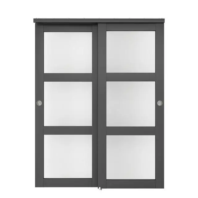 Main image of 72 in. x 80 in. 3-Lite Frosted Tempered Glass Sliding Double Bypass Closet Doors with Installation Hardware Kit