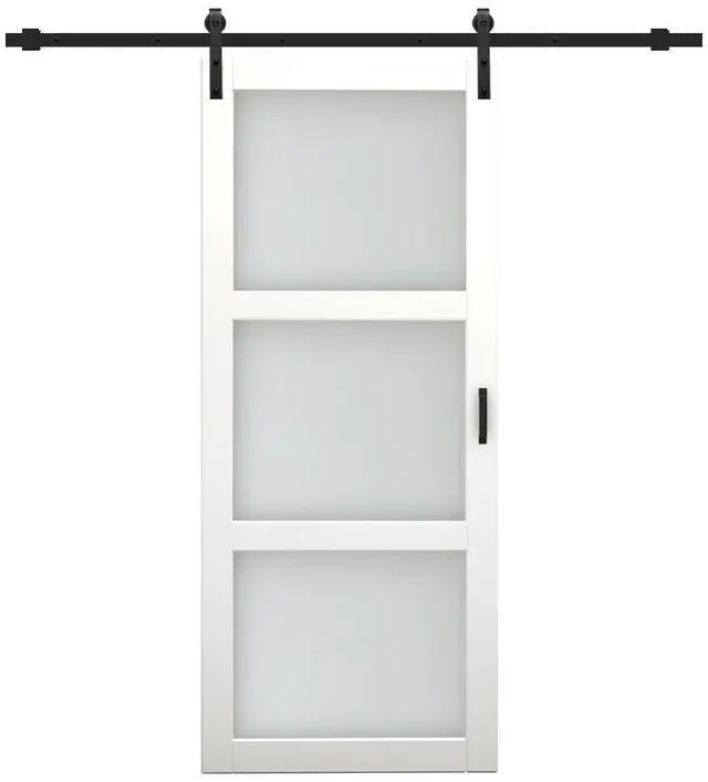 Main image of 36 in. x 84 in. 3-Lites Pre Assembled Frosted Glass White MDF Interior Sliding Barn Door w/ Hardware Kit and Door Handle