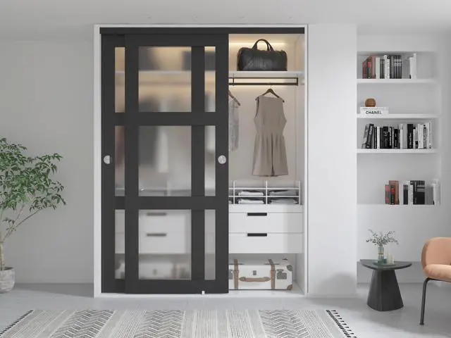 Alt view image 2 of 5 - 72 in. x 80 in. 3-Lite Frosted Tempered Glass Sliding Double Bypass Closet Doors with Installation Hardware Kit