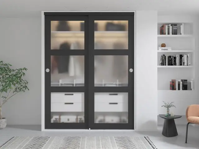 Alt view image 3 of 5 - 72 in. x 80 in. 3-Lite Frosted Tempered Glass Sliding Double Bypass Closet Doors with Installation Hardware Kit