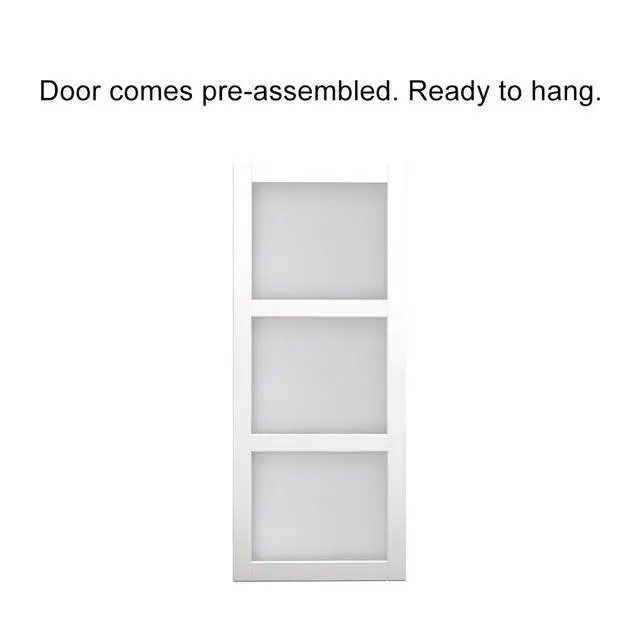 Alt view image 7 of 7 - 36 in. x 84 in. 3-Lites Pre Assembled Frosted Glass White MDF Interior Sliding Barn Door w/ Hardware Kit and Door Handle
