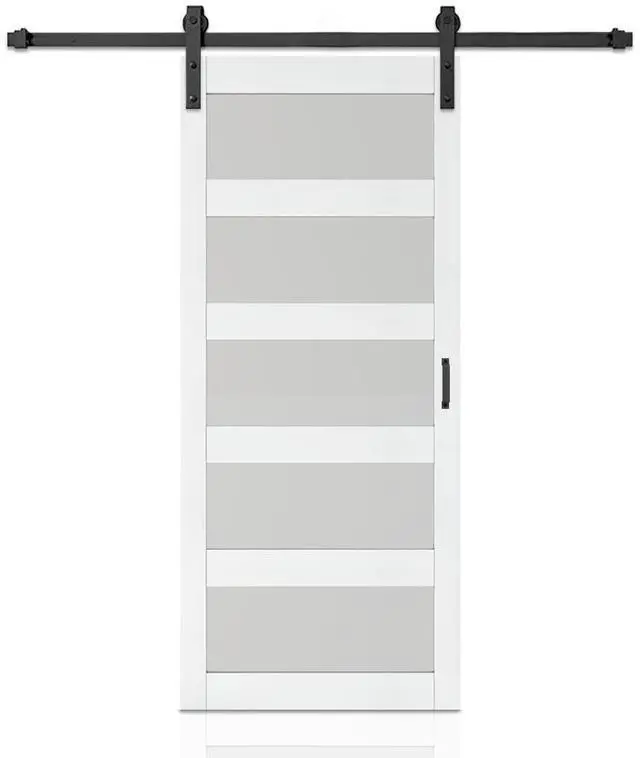Main image of 36 in. x 84 in. 5-Lite Tempered Frosted Glass White MDF Assembly Required Interior Sliding Barn Door with Hardware Kit