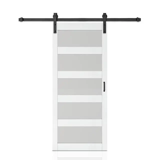 Alt view image 4 of 7 - 36 in. x 84 in. 5-Lite Tempered Frosted Glass White MDF Assembly Required Interior Sliding Barn Door with Hardware Kit